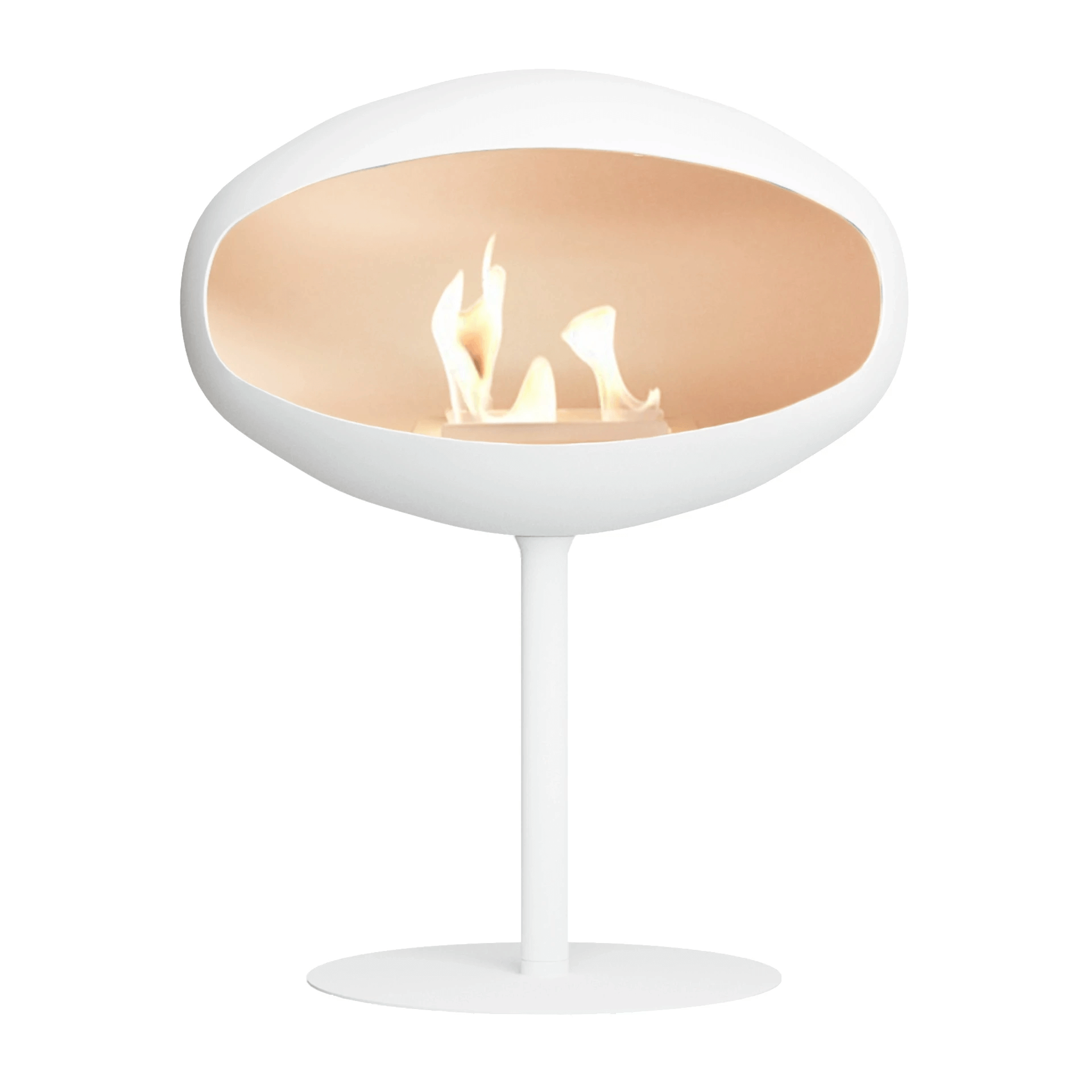 Cocoon Aeris Pedestal in matte white, free-standing bioethanol fireplace with manual burner and modern design.