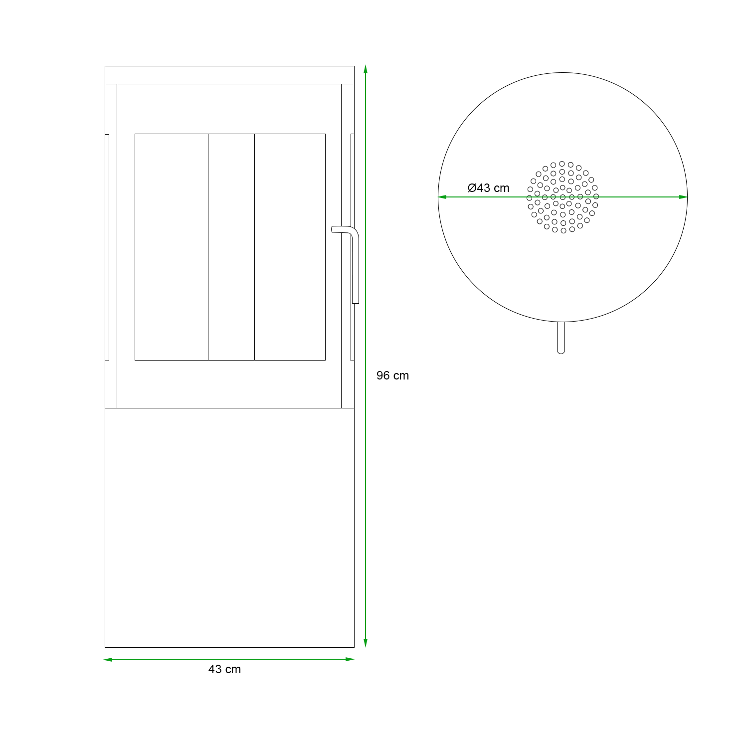 Dimensions of Columbus Bioethanol Stove, showcasing front and top views with measurements: 96 cm height, 43 cm width.