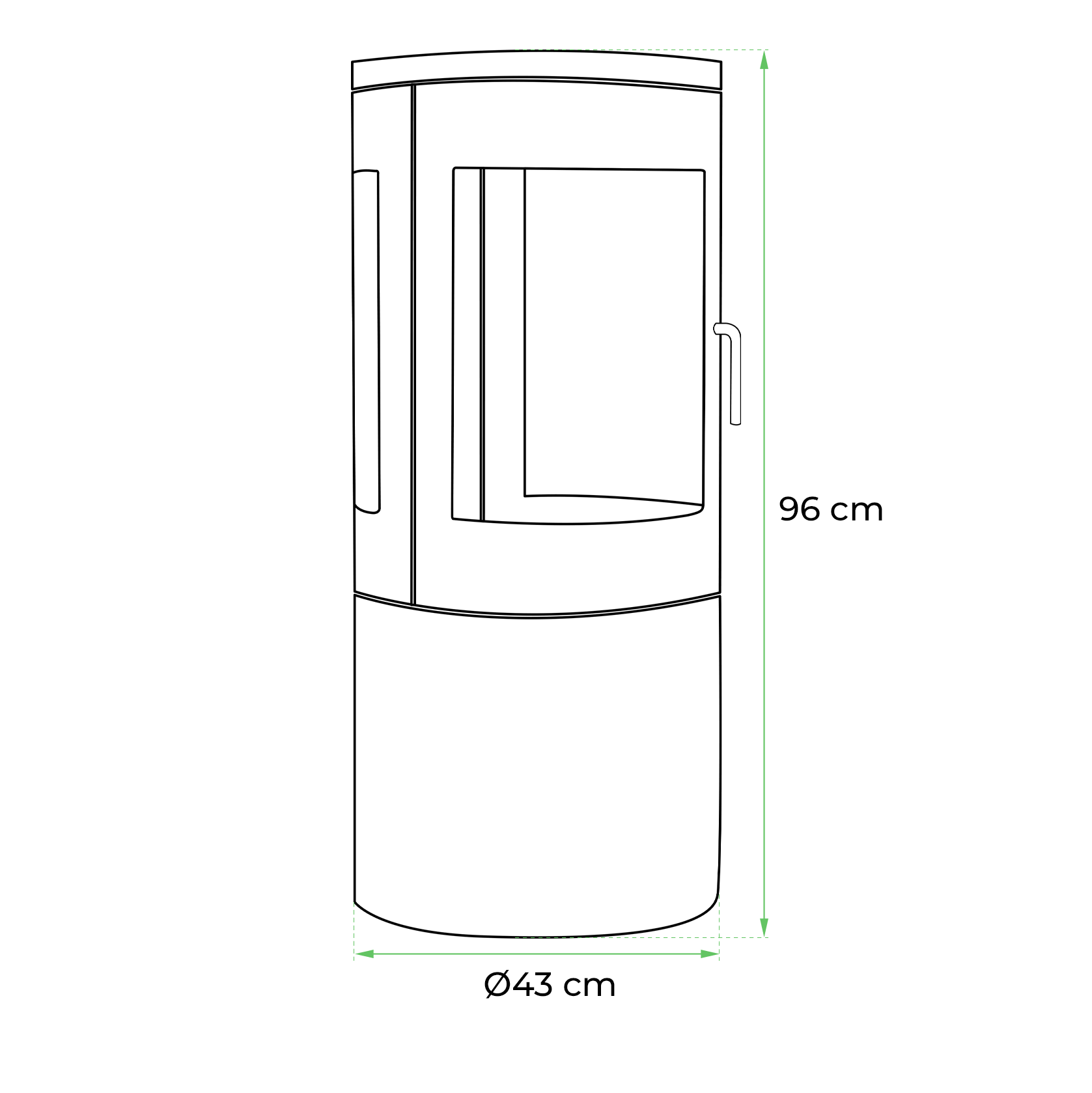 Columbus bioethanol stove dimensions with 360-degree view, featuring curved glass and manual bioethanol burner.