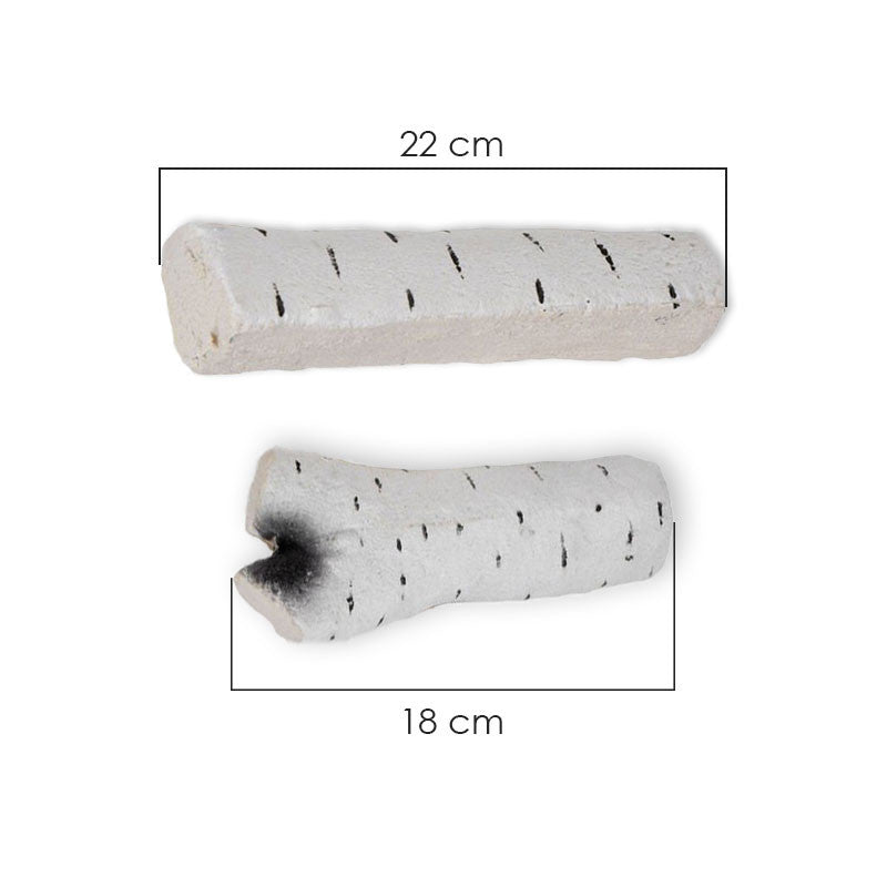 Decorative ceramic birch logs for bio fireplace, showcasing two pieces in different sizes with measurements.