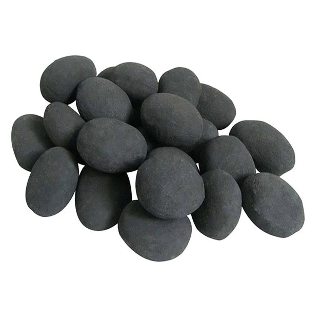 24 black ceramic pebbles for bio fireplace décor, each measuring 5cm in height and 7cm in diameter.