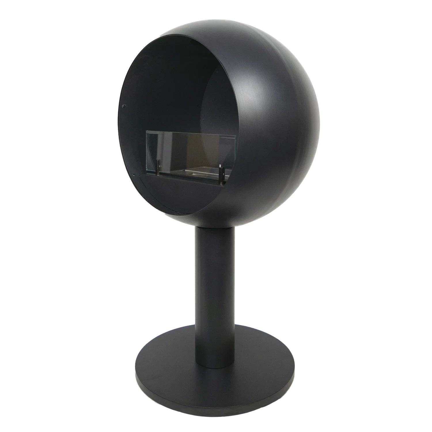 Edmonton Freestanding Bioethanol Fireplace in black round design with a glass burner, stylish and portable.