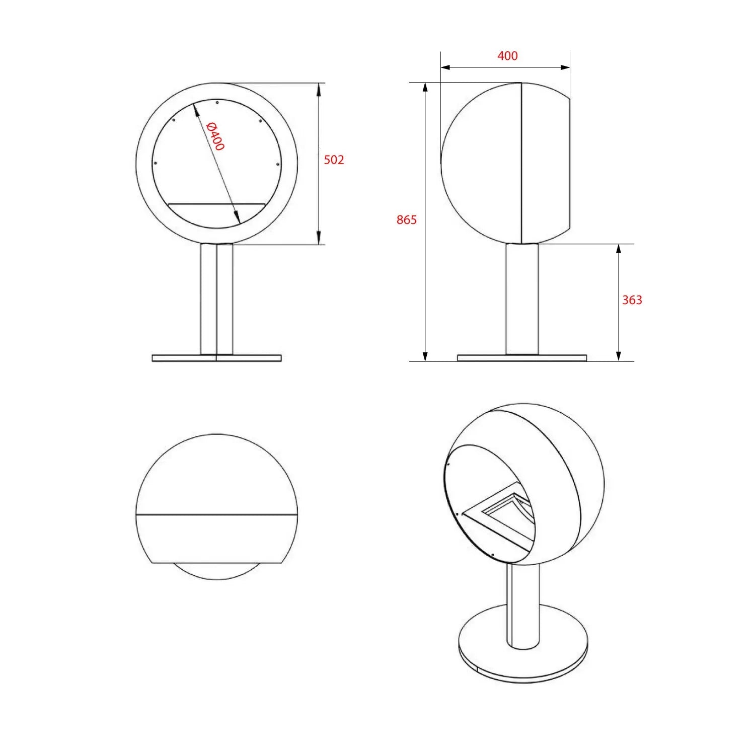 Edmonton freestanding bioethanol fireplace dimensions in a black round design with measurements.