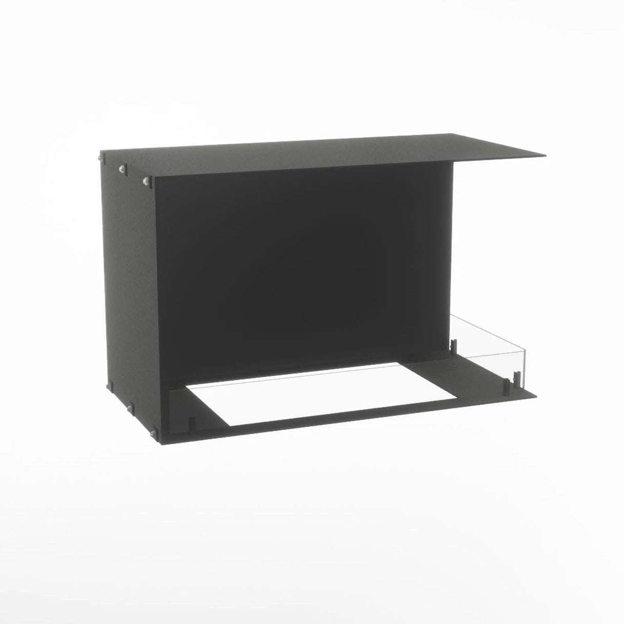 Foco Myst Corner Right 800 fireplace design, featuring sleek black metal and a glass front for water vapour flames.