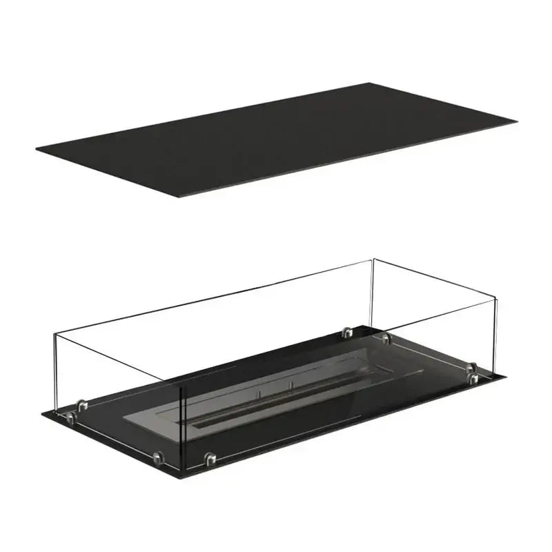 Bioethanol fireplace insert with tempered glass and a black powder-coated top for built-in installation.