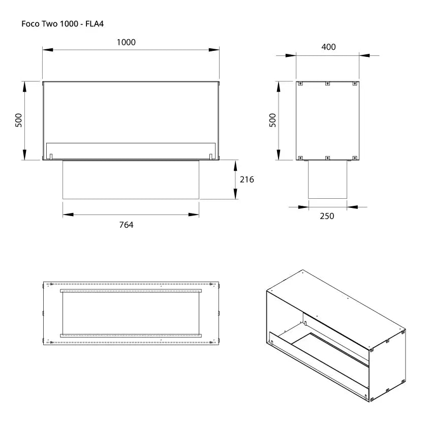 Dimensions and design blueprint of the Foco Two 1000 bioethanol fireplace, showcasing its modern aesthetic.