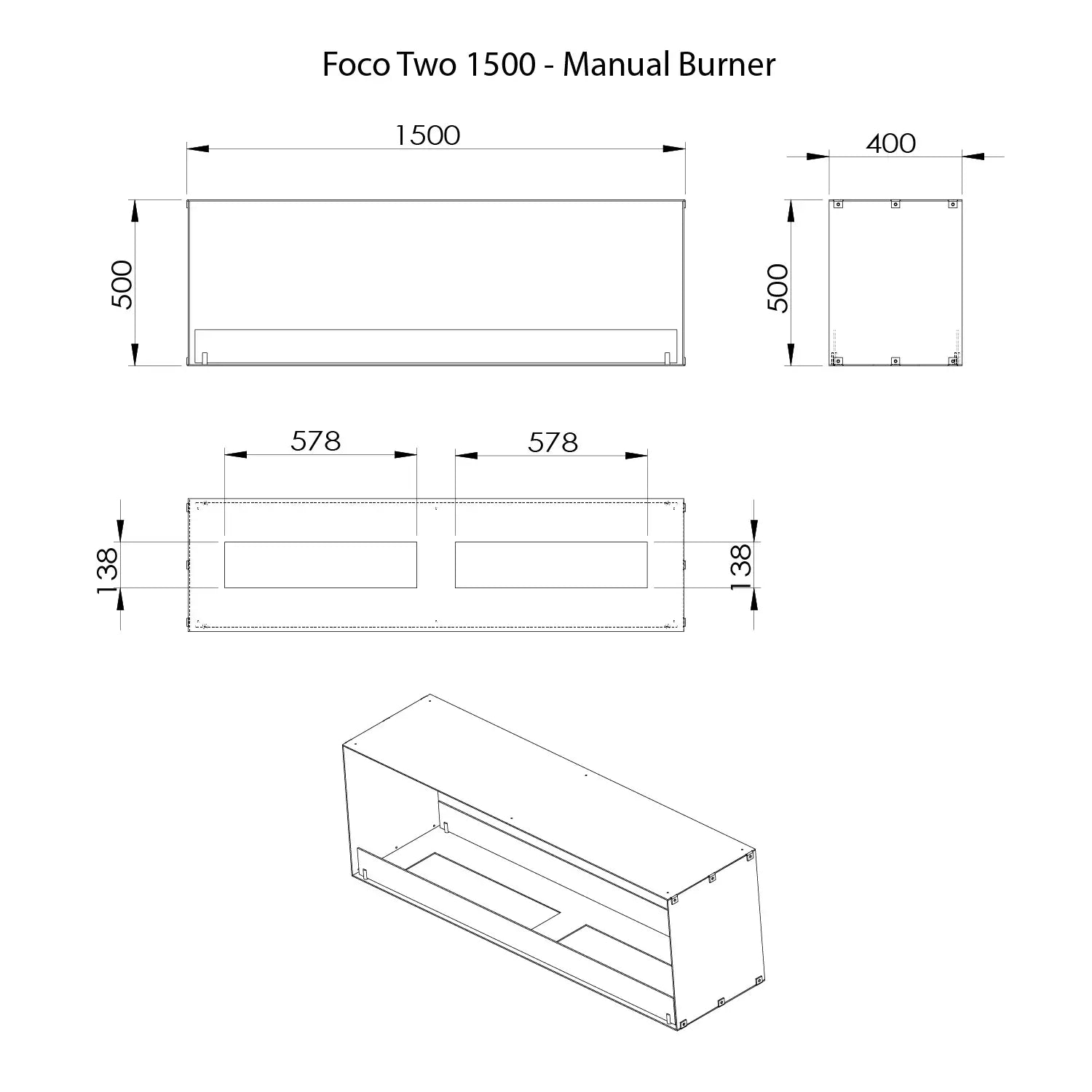 Technical drawing of Foco Two 1500 bioethanol fireplace burner dimensions and layout.