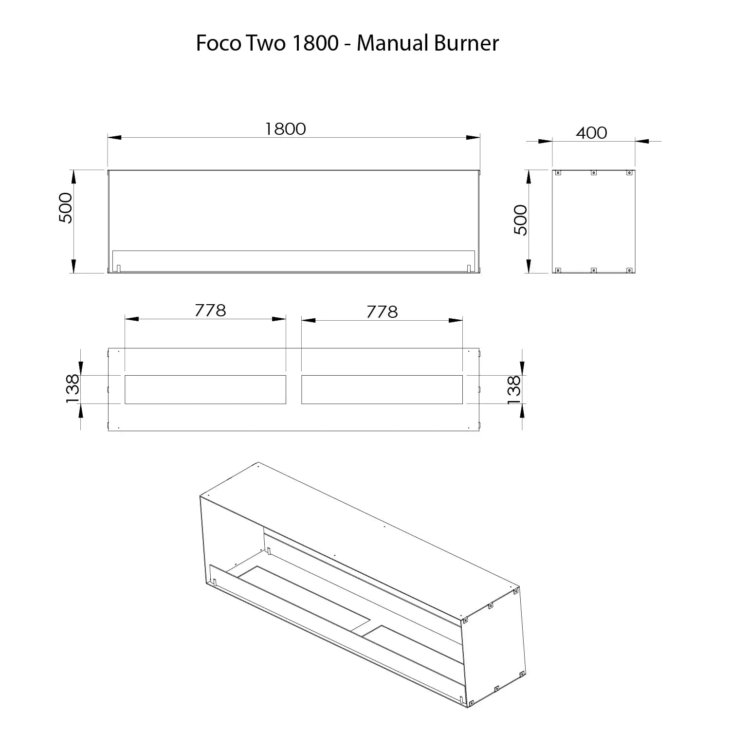 Foco Two 1800 Manual Burner dimensions drawing for bioethanol fireplace, showing precise measurements and design details.