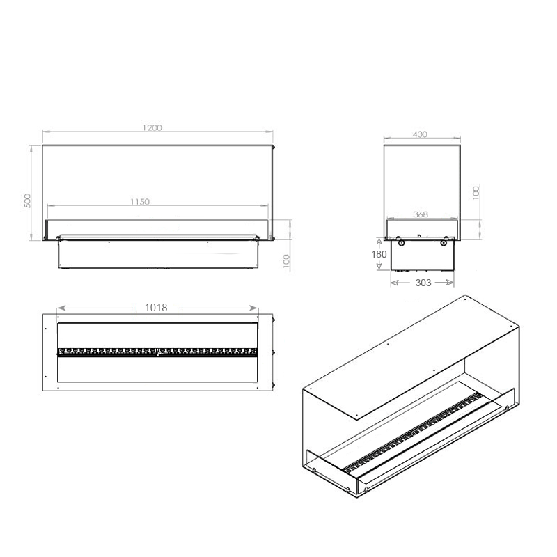 Foco Myst Corner Left 1200 dimensions showing front, side and top views for modern water vapour fireplace.