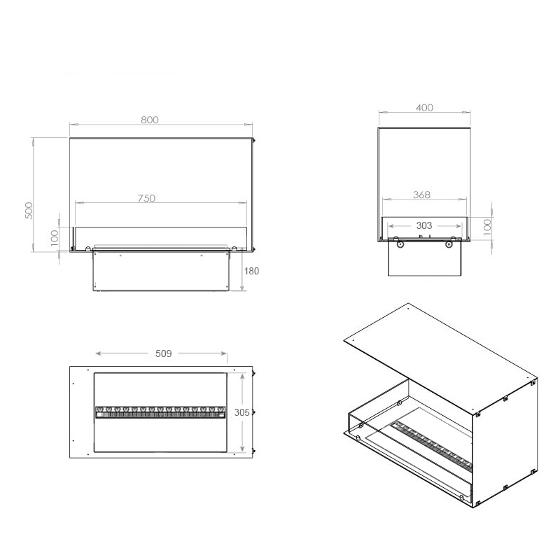 Dimensions and design layout of the Foco Myst Corner Left 800 water vapour fireplace.