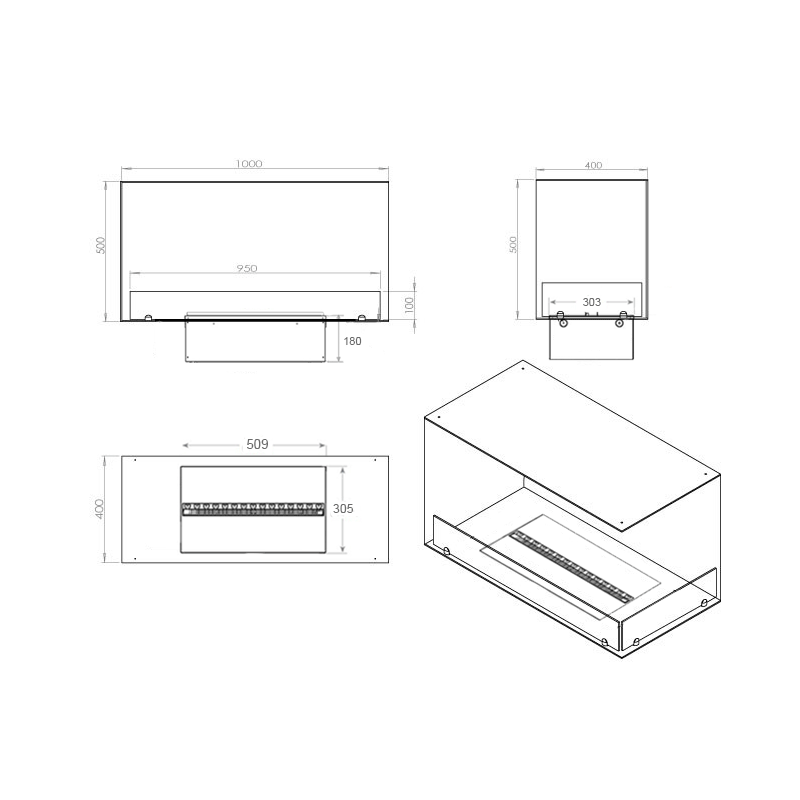 Dimensions and design diagram of the Foco Myst Corner Right 1000 water vapour fireplace.