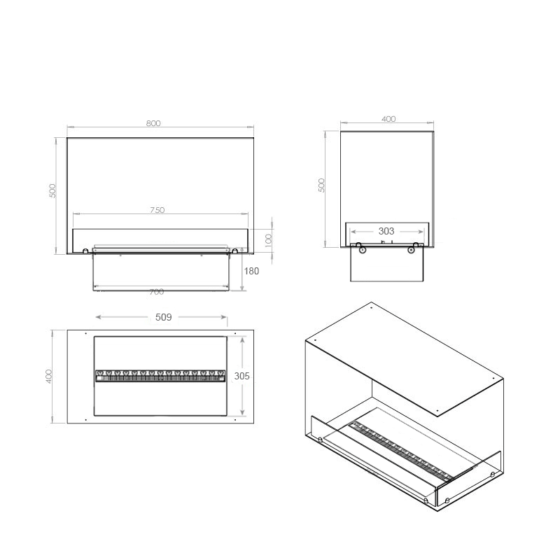 Technical drawing of Foco Myst Corner Right 800 fireplace dimensions and specifications.