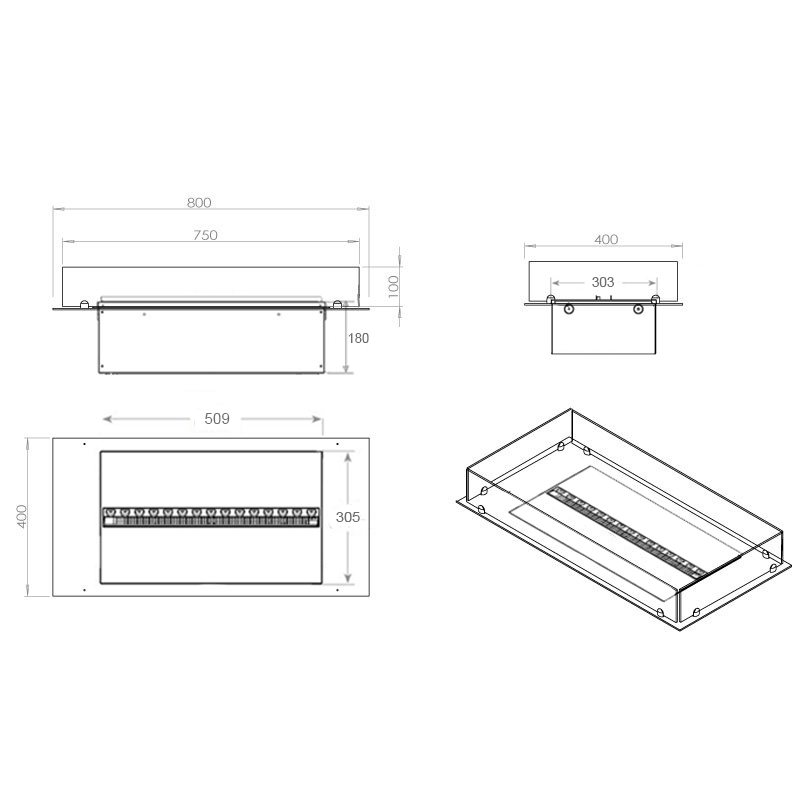 Foco Myst Free 800 fireplace dimensions, showcasing design and measurements for water vapour fireplaces.