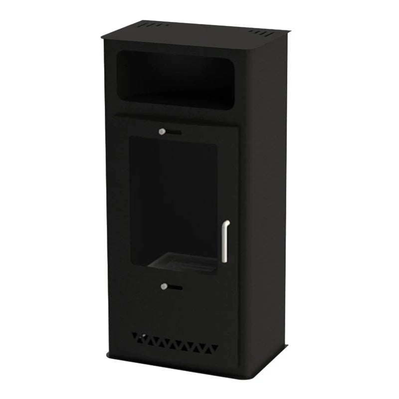 Black freestanding bioethanol fireplace stove inspired by traditional wood burners.