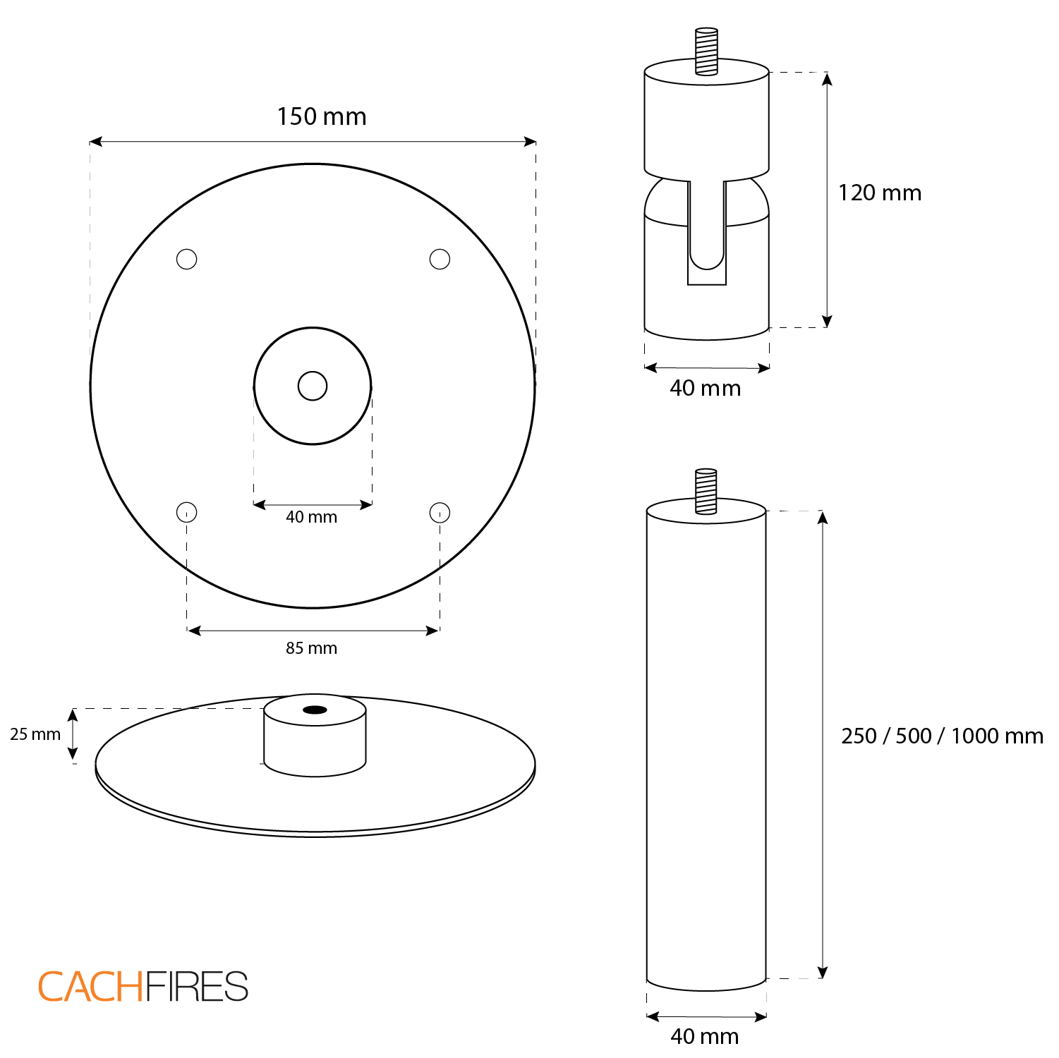 Diagram of components for the Ottawa Black suspended bioethanol fireplace, showing dimensions and mounting details.