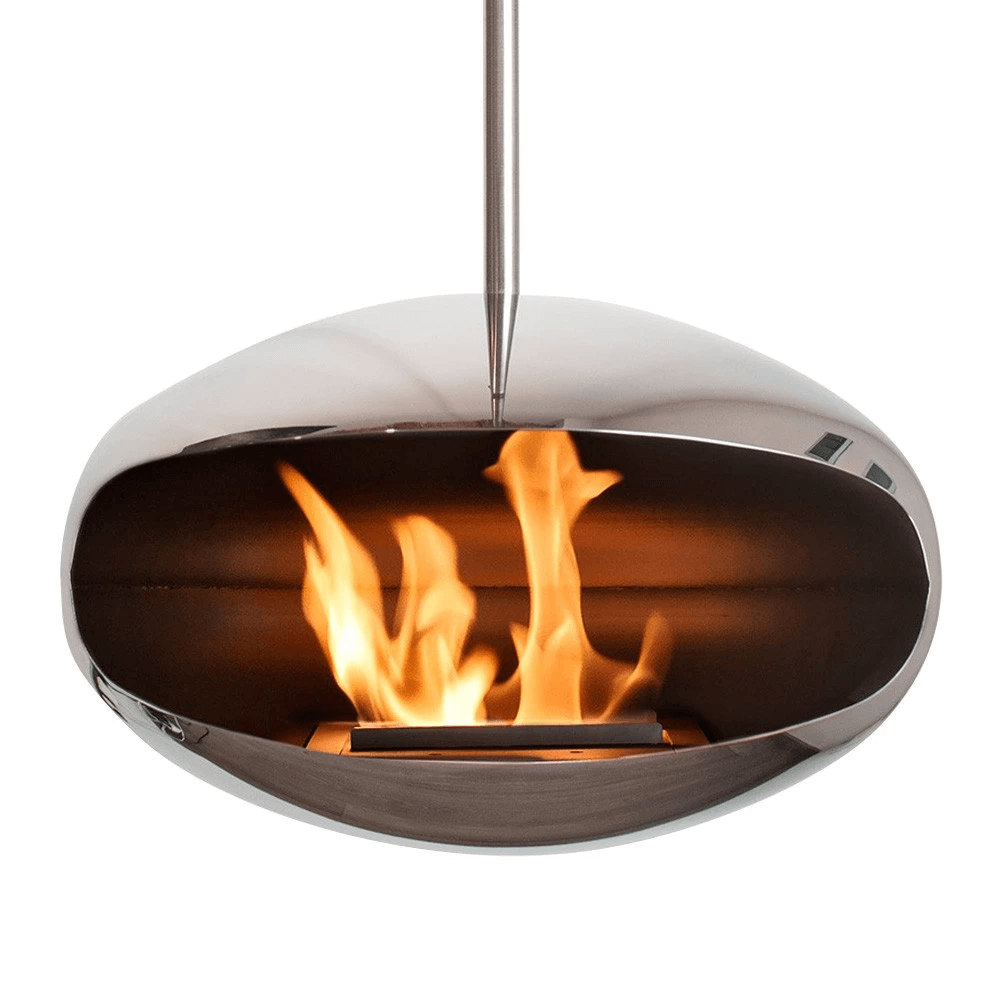 Cocoon Aeris polished steel bioethanol fireplace with visible flames, modern and eco-friendly design.