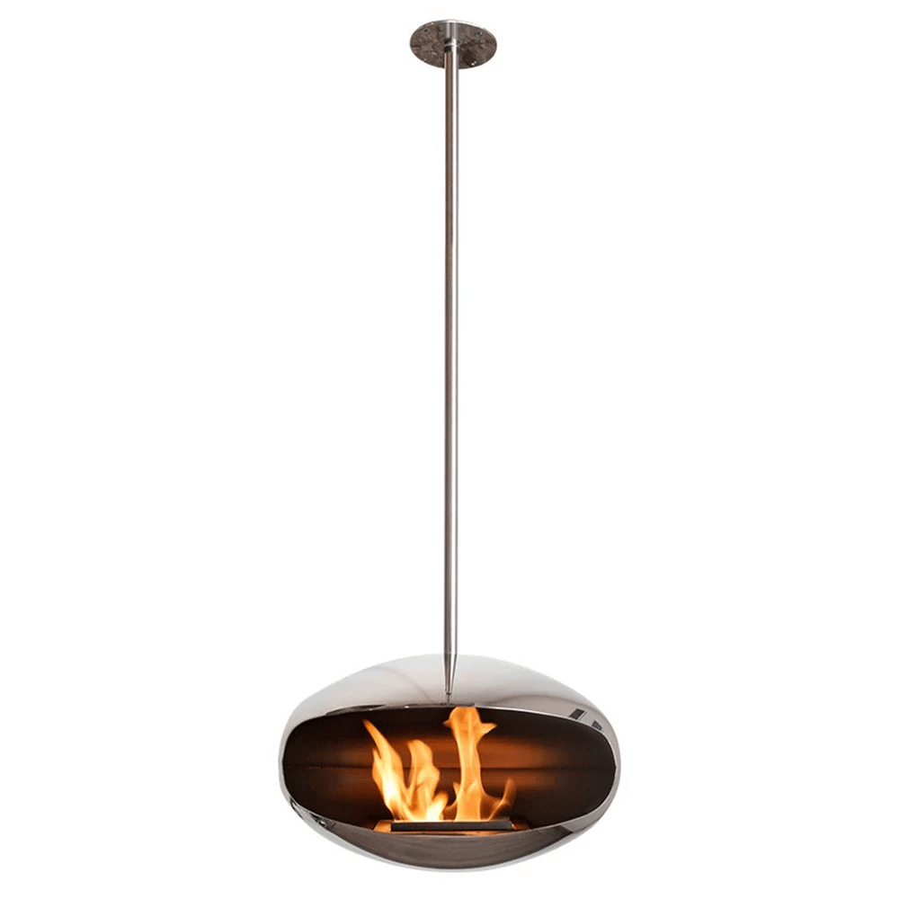 Cocoon Aeris polished steel bioethanol fireplace, eco-friendly design, ceiling mounted, modern bioethanol fire.