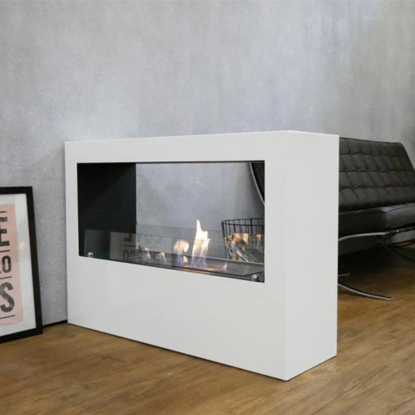 Lansing white freestanding bioethanol fireplace viewed from the side with flames, ideal for room dividers.