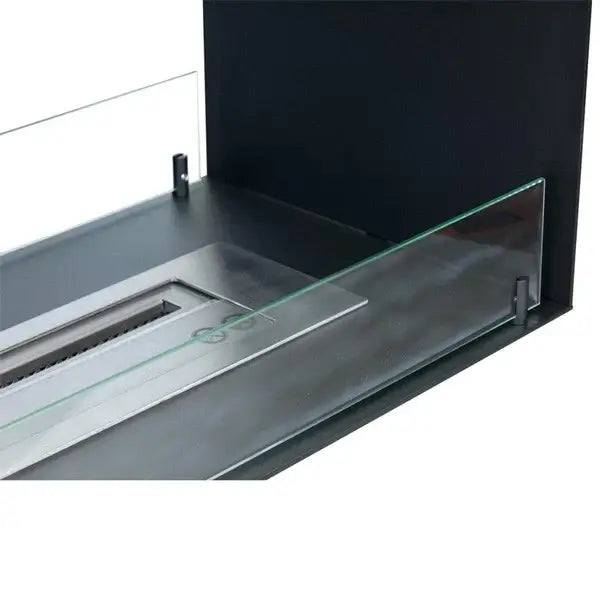 Close-up of Foco Two 1000 bioethanol fireplace with tempered glass safety panels and stainless steel burner.