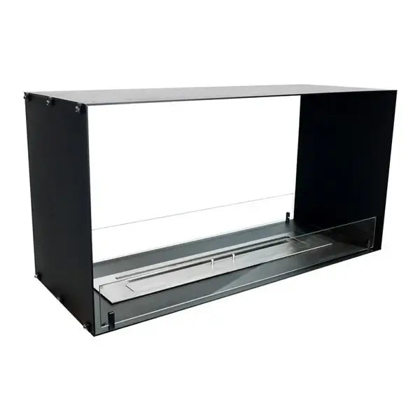 Bioethanol fireplace insert Foco Two 1000, sleek black design with tempered glass for modern aesthetics.