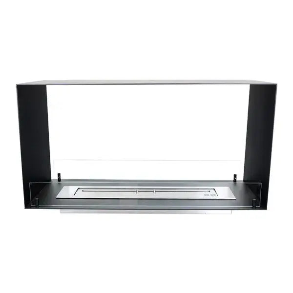 Bioethanol fireplace Foco Two 1000 with stainless steel burner and tempered glass panels, modern design.