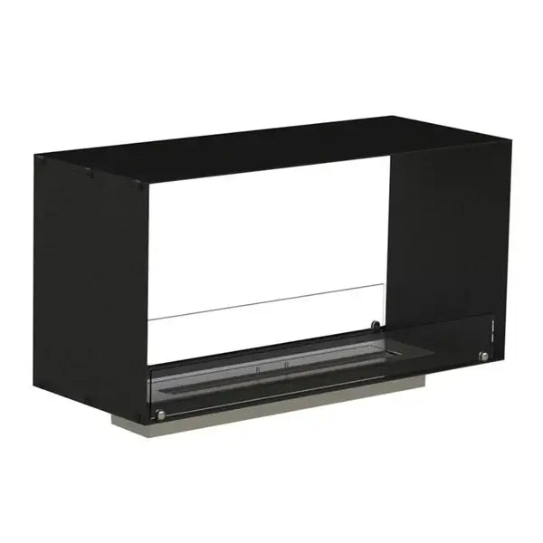Bioethanol fireplace Foco Two 1000 with black stainless steel and tempered glass panels for modern living spaces.