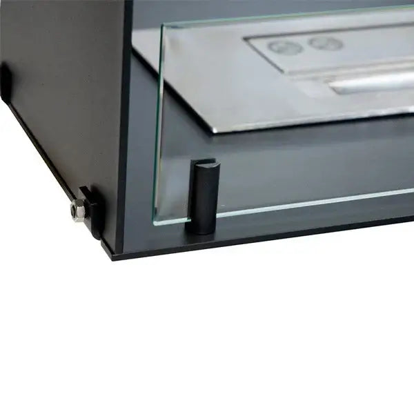 Close-up of the Fireplace Foco Two 1200 bioethanol fireplace, showcasing its sleek design and glass panel features.