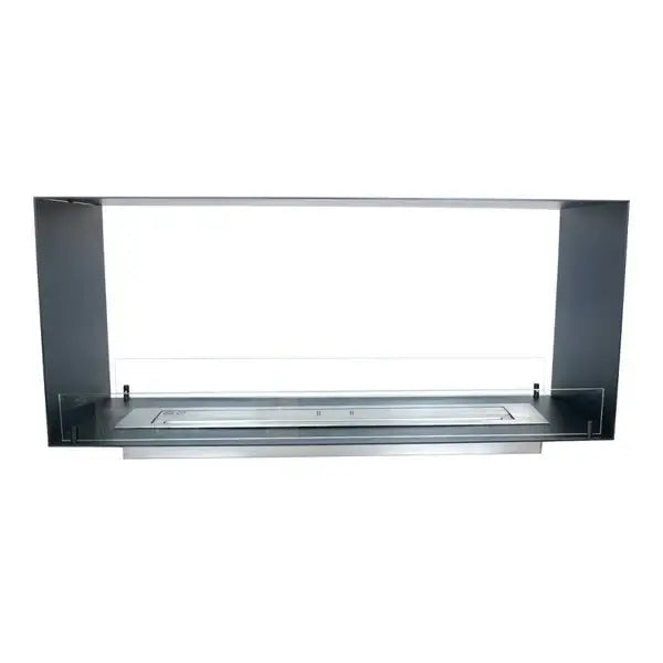 Sleek bioethanol fireplace insert with stainless steel and tempered glass, perfect for modern decor.