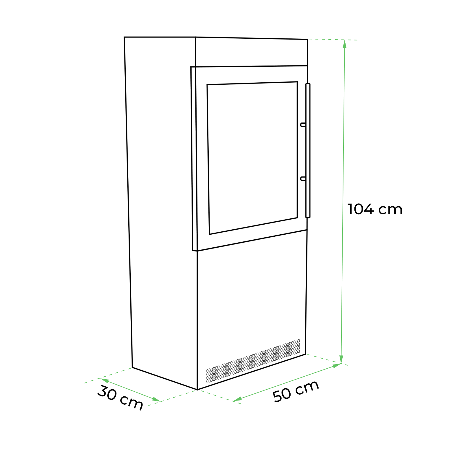 Dimensions of a freestanding bioethanol fireplace with a height of 104 cm, width of 50 cm, and depth of 30 cm.