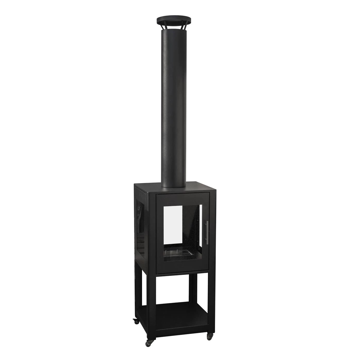 Natura garden fireplace with black powder-coated stainless steel and glass panels for outdoor use