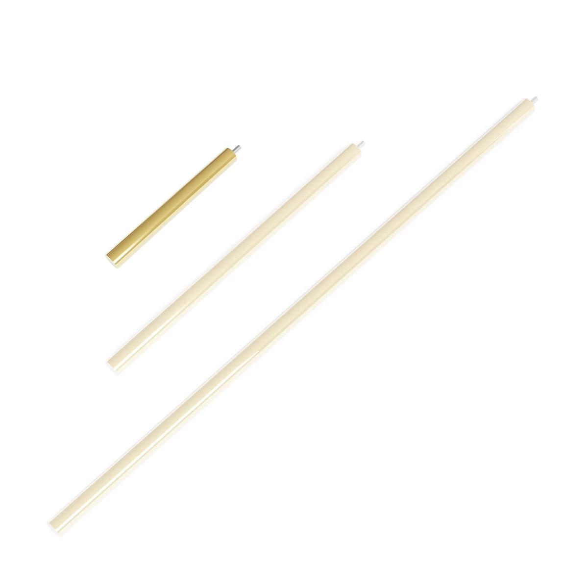 Cocoon Aeris Extension Rod set showing 25 cm polished brass rod and two other rods in various lengths.
