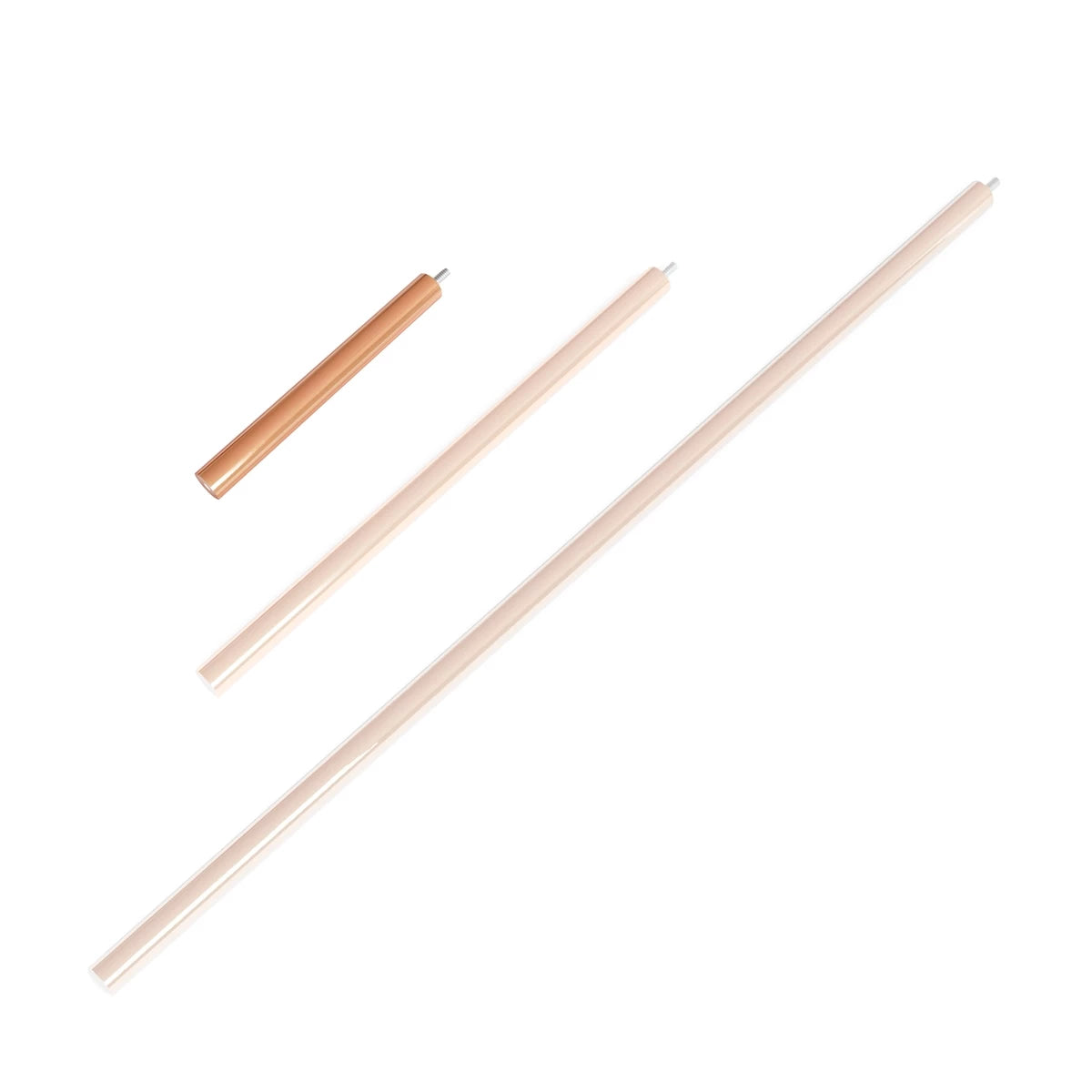 Cocoon Aeris Extension Rods in polished copper and wood, showcasing different sizes for versatile suspension options.