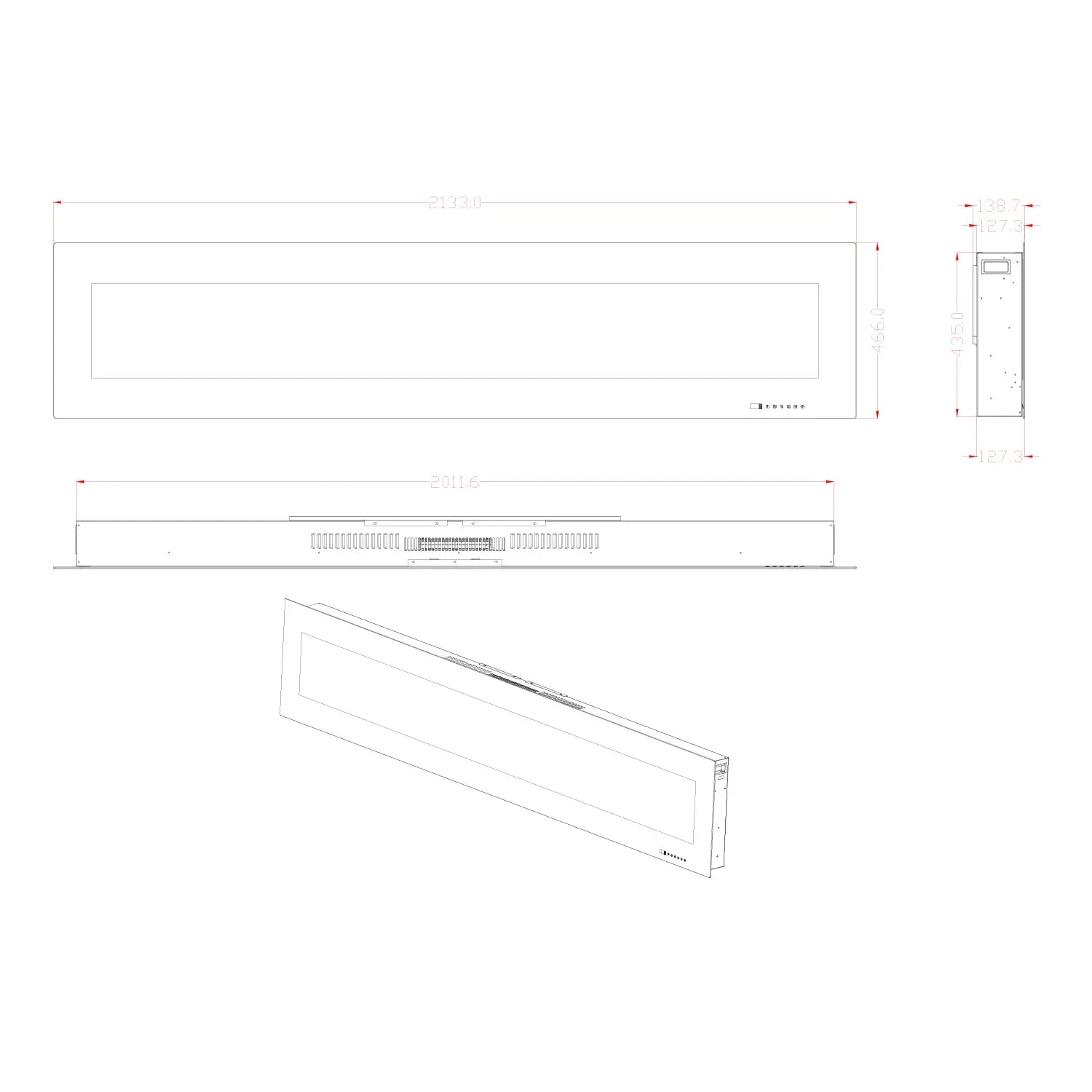 Technical drawing of ScandiFlames Azurite 213 cm wall-mounted electric fireplace dimensions and design.