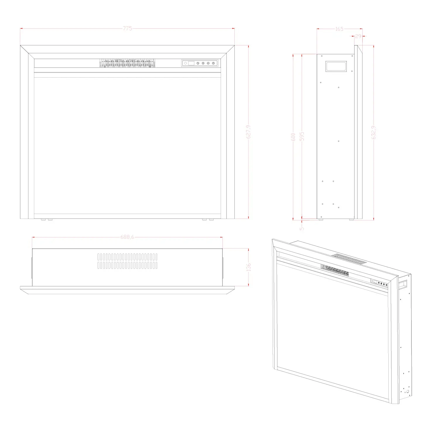 Dimensions and technical drawing of the Pyrope 77 cm electric fireplace insert by ScandiFlames.