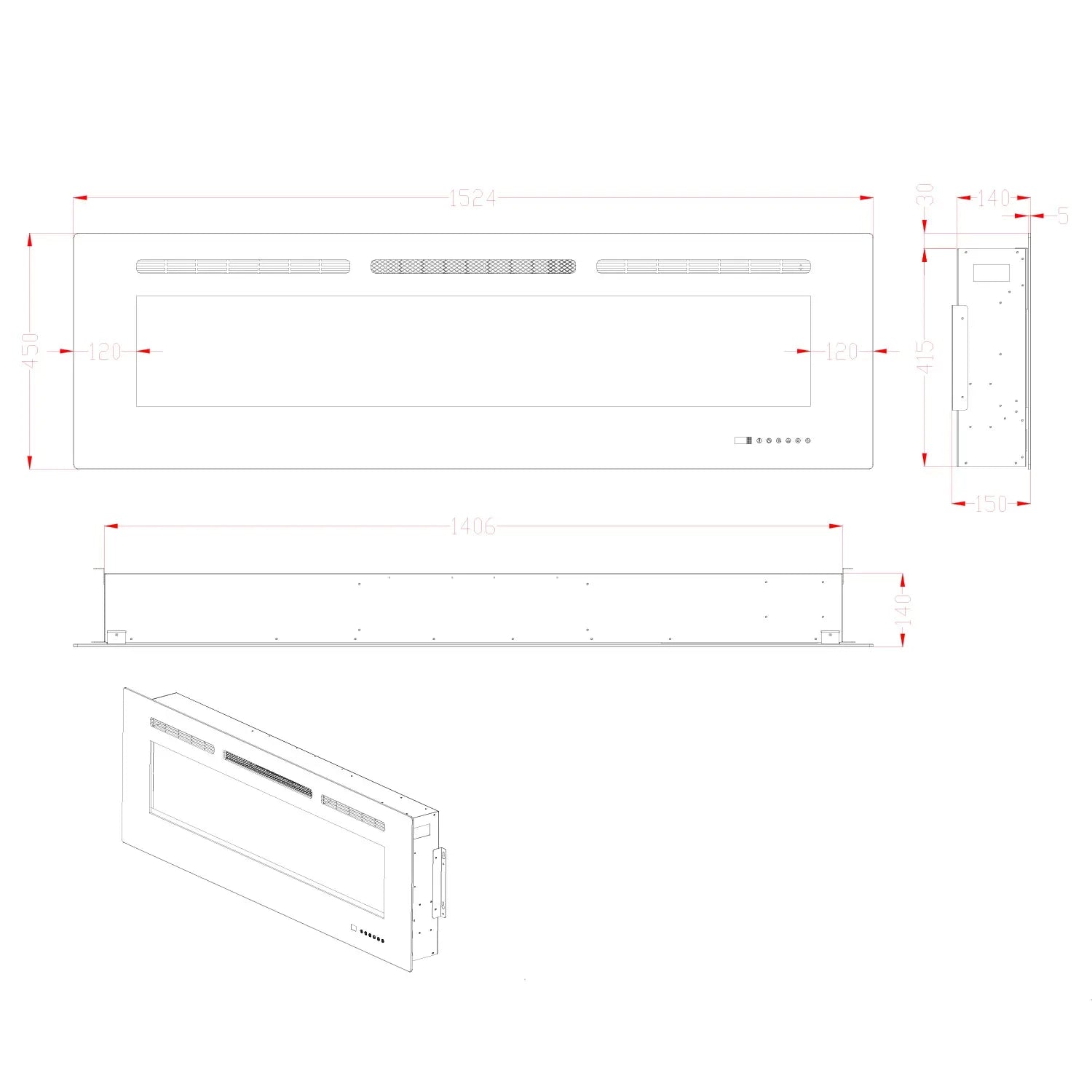 Dimensions drawing of Titanite 152 cm built-in electric fireplace insert for modern wall mounting.