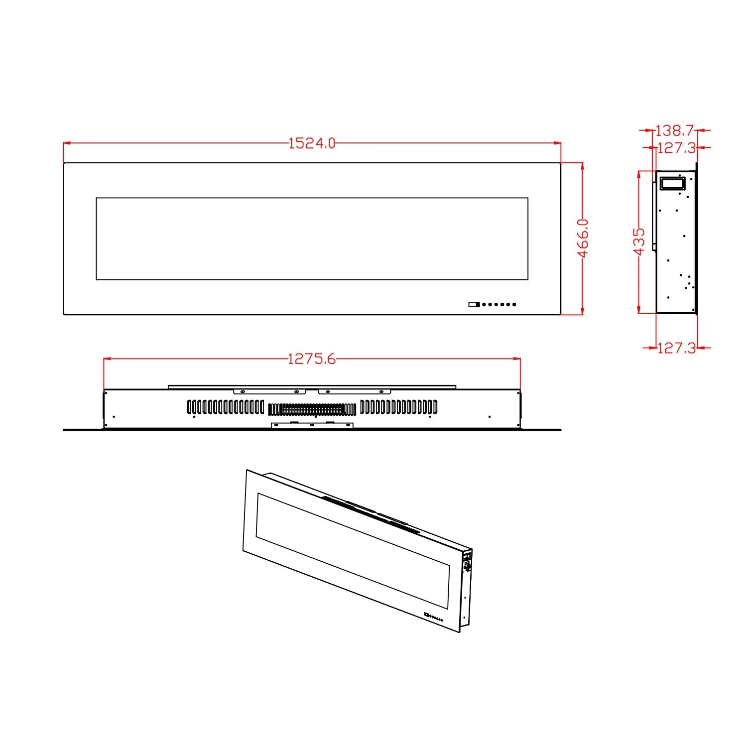 Technical drawing of the ScandiFlames Azurite 152 cm wall-mounted electric fireplace with dimensions.