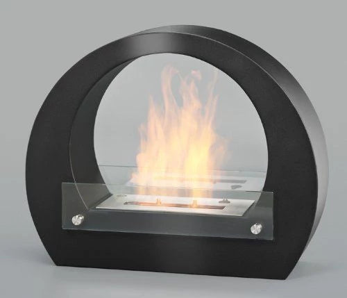 Round black bioethanol fireplace with large arch design and safety glass, showcasing mesmerizing flames.