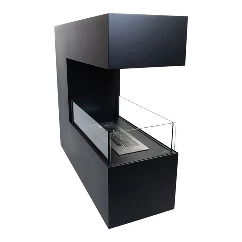 Topeka Black three-sided bioethanol fireplace in sleek steel design with glass safety features.