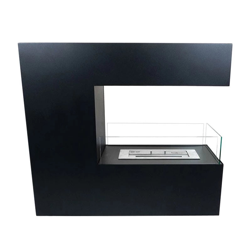 Topeka Black 3-sided bioethanol fireplace in black powder-coated steel with safety glass.