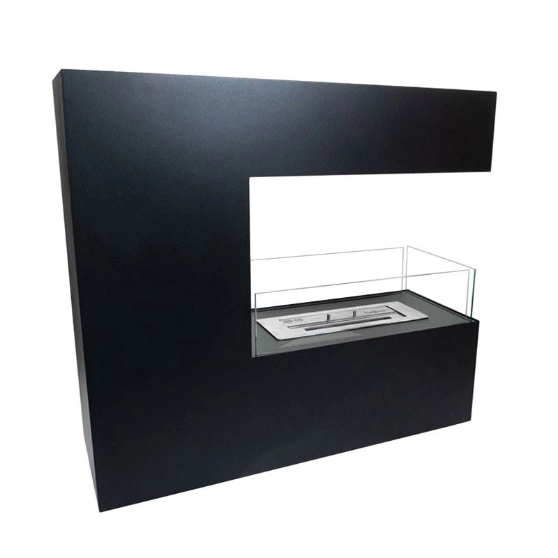 Freestanding Topeka Black 3-sided bioethanol fireplace in steel with safety glass and burner.