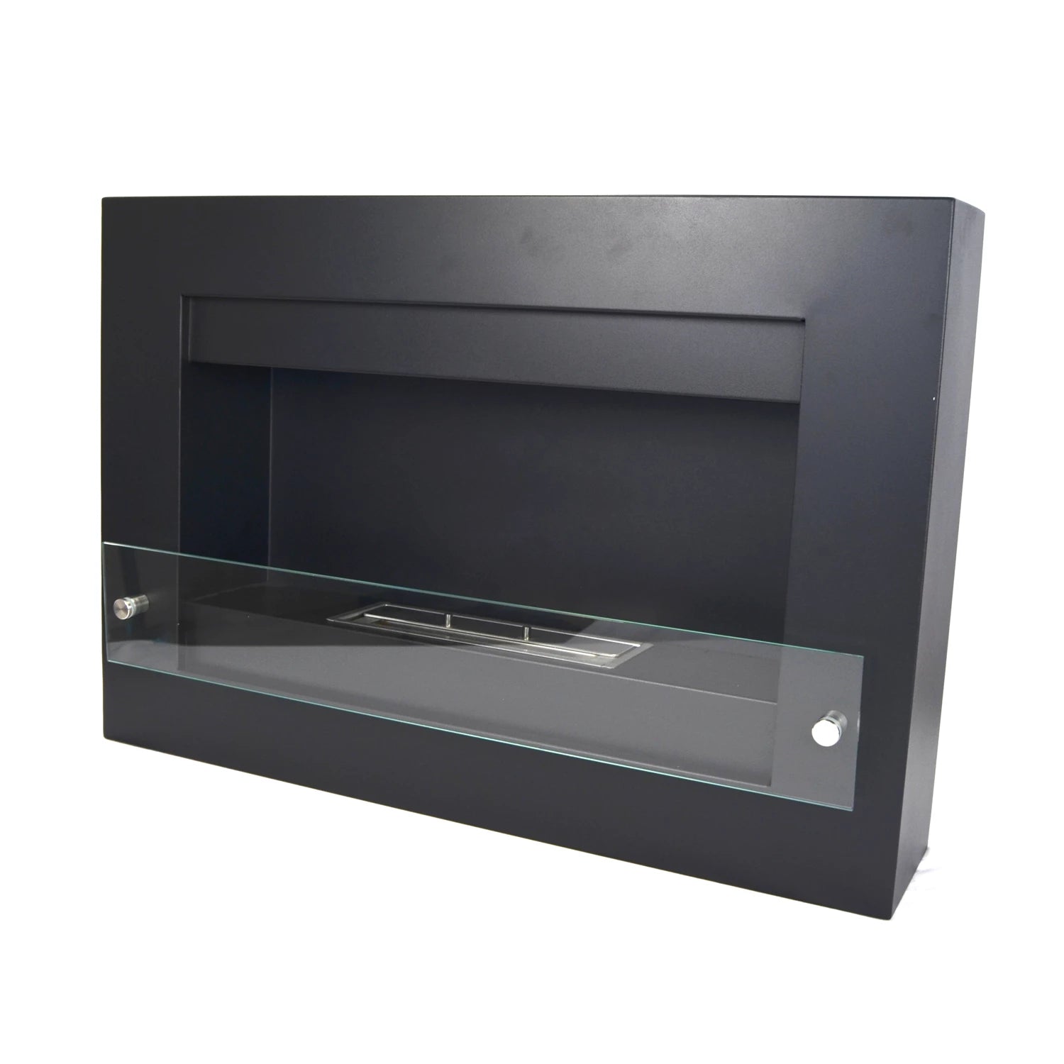 Nebraska Black wall mounted bioethanol fireplace with safety glass, 1.5 Litre burner and stylish black back plate.