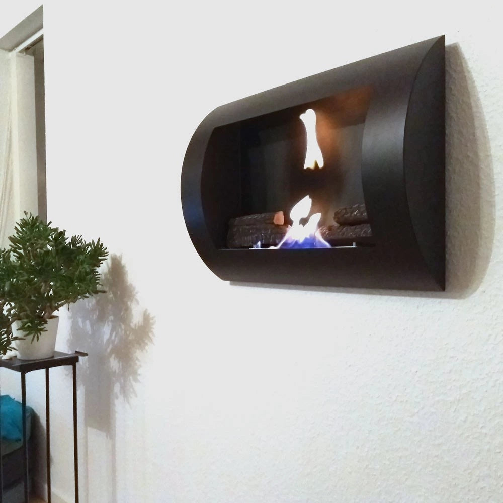 Ocean black wall-mounted bio fireplace with unique curved design, showcasing vibrant flames and modern decor.