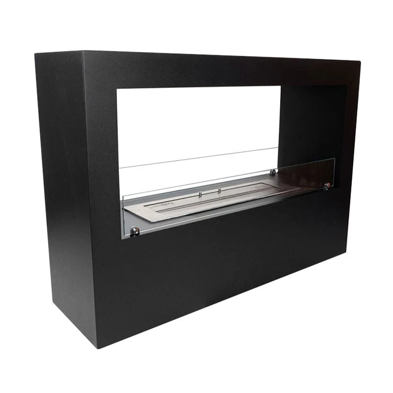 Lansing Tunnel freestanding black bioethanol fireplace with two-sided design and manual burner.