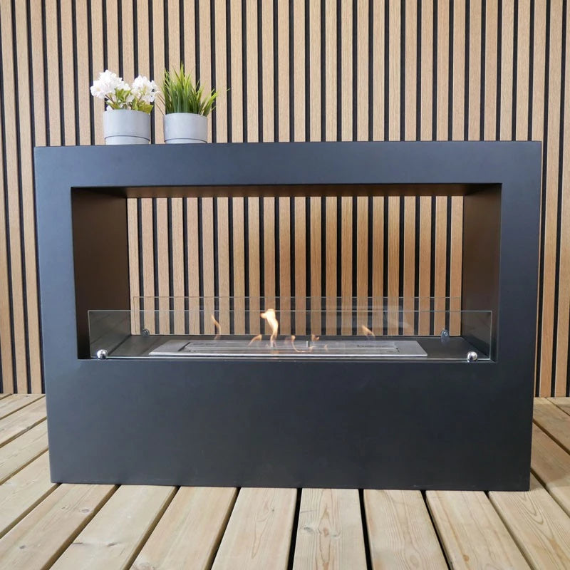 Lansing Tunnel Bioethanol Fireplace in black with glass front, planter on top, modern freestanding design.
