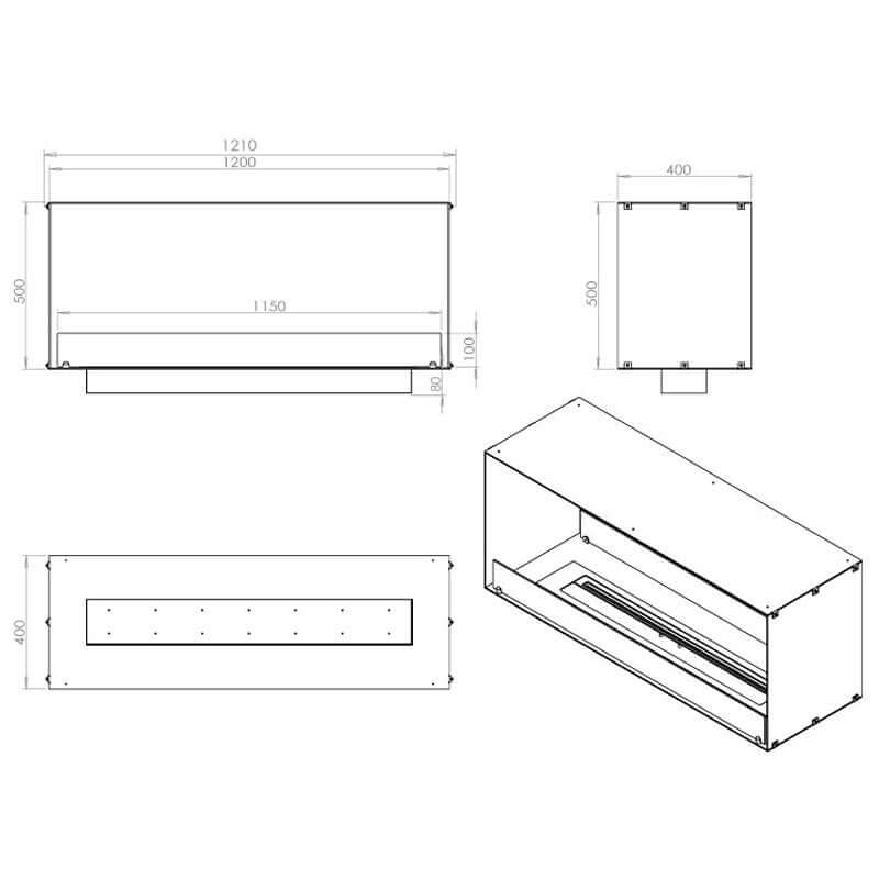 Technical drawing of Fireplace Foco Two 1200 dimensions and design for bioethanol fireplace insert.