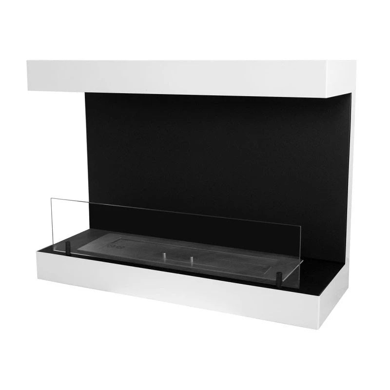 Dakota White 3-sided 80 cm wall-mounted bioethanol fireplace with glass panel, easy to install and modern design.