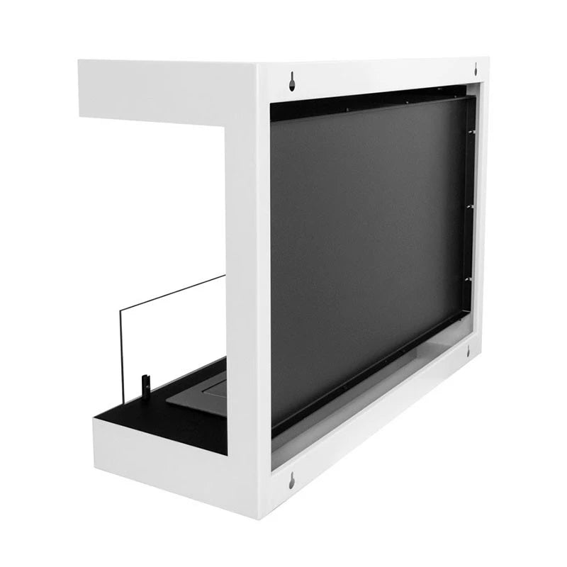 Dakota White 3-sided wall bioethanol fireplace with a sleek design and glass panel, ideal for modern interiors.