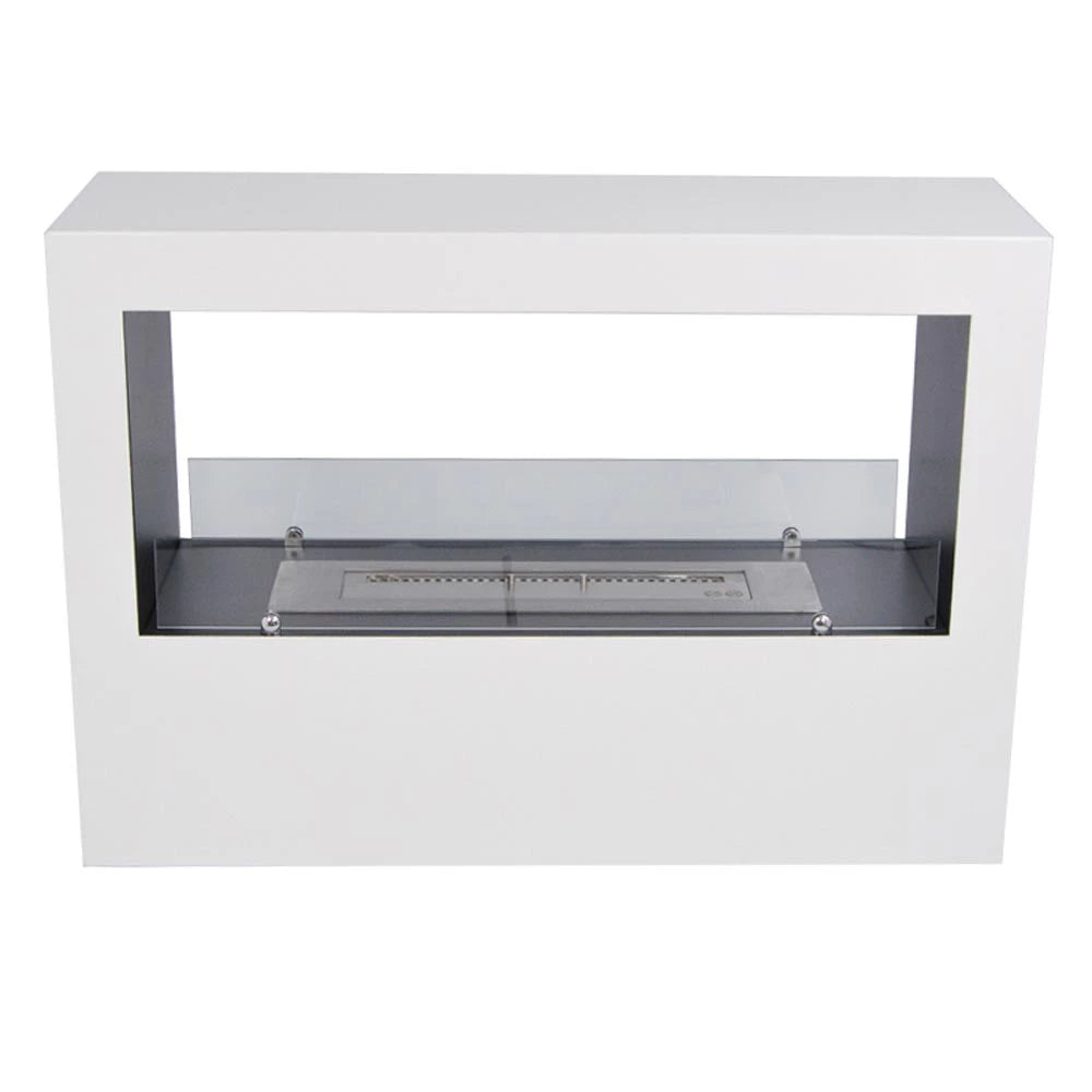 Lansing freestanding bioethanol fireplace in white, visible flames from two sides, ideal room divider.